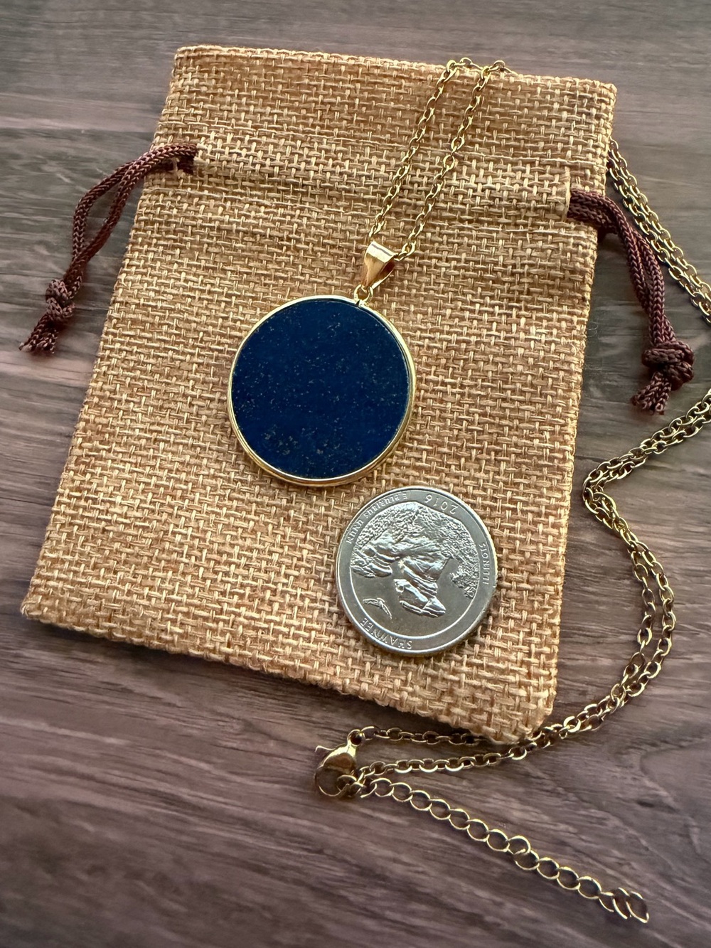 Genuine Lapis Lazuli Round Pendant Lapis Necklace Minimalist Crystal Necklace - Picture 3 of 3